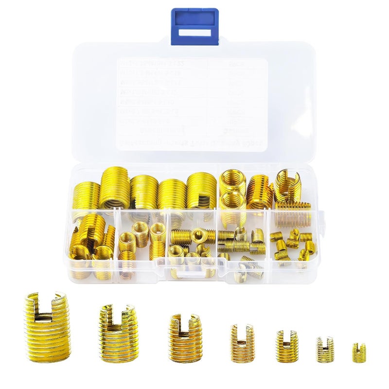 Flylin 50Pcs Self Tapping Thread Insert, 302 Stainless Steel Self Tapping Slotted Thread Inserts Set with Storage Case, M3 M4 M5 M6 M8 M10 M12 Thread Reinforce Repair Tool (Gold) - Image 1